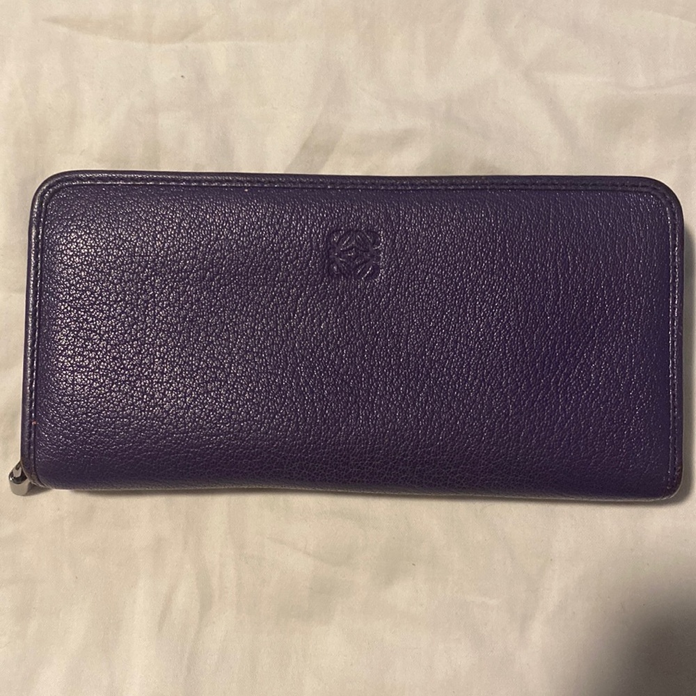 Auth LOEWE Anagram Zip Around Long Wallet Purple Leather/Silver hardware